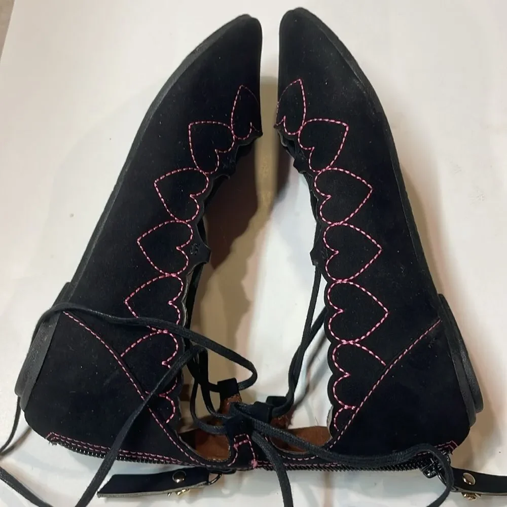 Betsey Johnson Little Girls Black Lace Up Microsuede Ballet Flats Sz 2